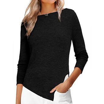 Women's Long Sleeve Boat Neck Fall Winter Irregular Hem Long Sleeve Casual Pullover Sweater Shirts