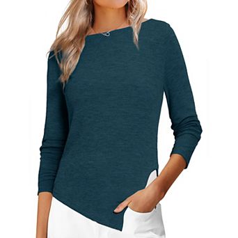 Women's Long Sleeve Boat Neck Fall Winter Irregular Hem Long Sleeve Casual Pullover Sweater Shirts
