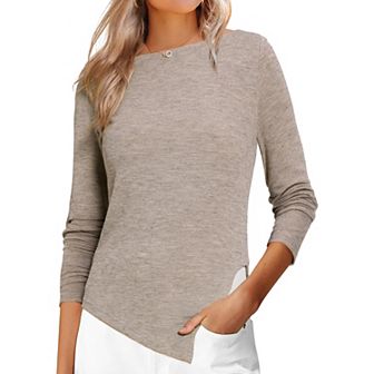 Women's Long Sleeve Boat Neck Fall Winter Irregular Hem Long Sleeve Casual Pullover Sweater Shirts