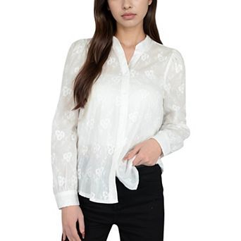 Women's Sheer Floral Long Sleeve Blouse with Mandarin Collar and Subtle Embroidered Detail