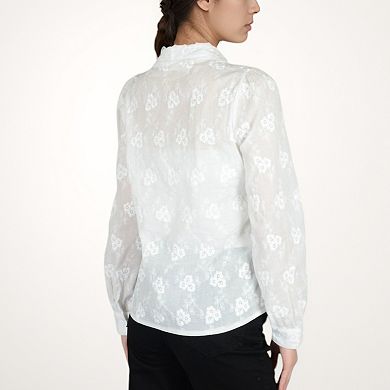 Women's Sheer Floral Long Sleeve Blouse with Mandarin Collar and Subtle Embroidered Detail