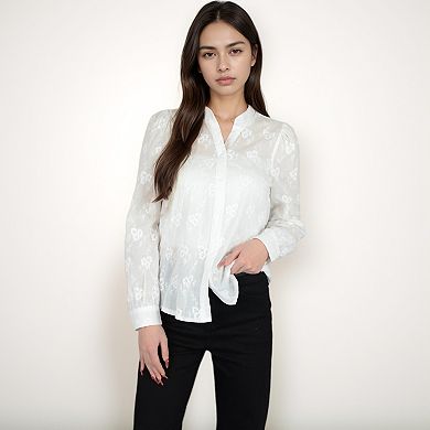 Women's Sheer Floral Long Sleeve Blouse with Mandarin Collar and Subtle Embroidered Detail