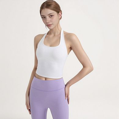 Women's Halter Neck Cropped Tank Top with Built-In Bra and Stretch Fabric for Workout or Casual Wear