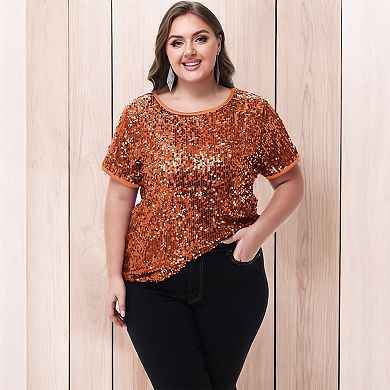 Women's Plus Size Short Sleeve Sequin Top Round Neck