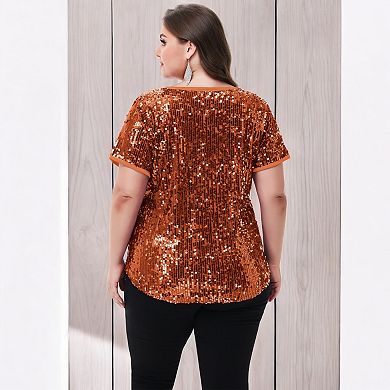 Women's Plus Size Short Sleeve Sequin Top Round Neck