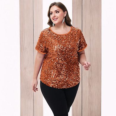Women's Plus Size Short Sleeve Sequin Top Round Neck
