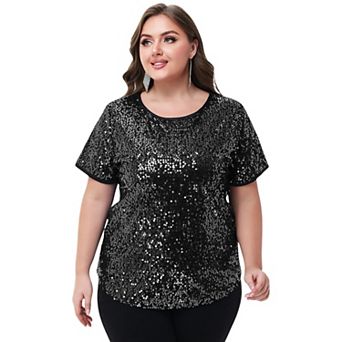 Women's Plus Size Short Sleeve Sequin Top Round Neck