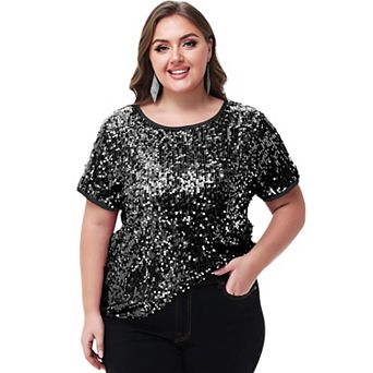 Women's Plus Size Short Sleeve Sequin Top Round Neck