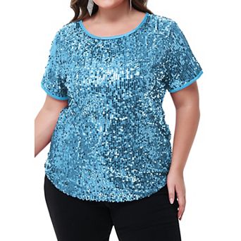 Women's Plus Size Short Sleeve Sequin Top Round Neck