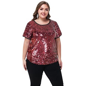 Women's Plus Size Short Sleeve Sequin Top Round Neck