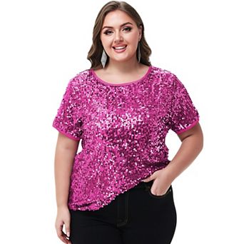 Women's Plus Size Short Sleeve Sequin Top Round Neck