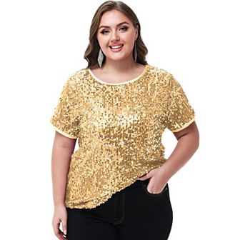 Women's Plus Size Short Sleeve Sequin Top Round Neck