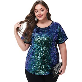 Women's Plus Size Short Sleeve Sequin Top Round Neck