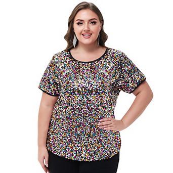 Women's Plus Size Short Sleeve Sequin Top Round Neck