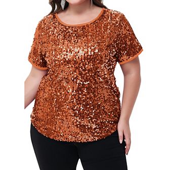 Women's Plus Size Short Sleeve Sequin Top Round Neck