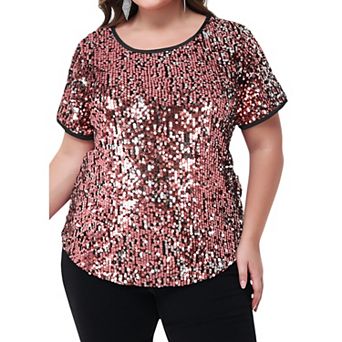 Women's Plus Size Short Sleeve Sequin Top Round Neck