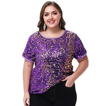 Women's Plus Size Short Sleeve Sequin Top Round Neck