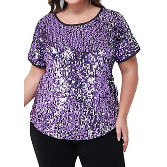 Women's Plus Size Short Sleeve Sequin Top Round Neck