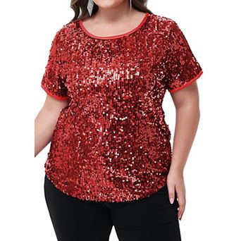 Women's Plus Size Short Sleeve Sequin Top Round Neck