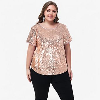Women's Plus Size Short Sleeve Sequin Top Round Neck