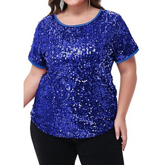 Women's Plus Size Short Sleeve Sequin Top Round Neck
