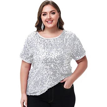 Women's Plus Size Short Sleeve Sequin Top Round Neck