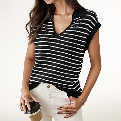 Women's Striped Collared Sleeveless Knit Top with Deep V-Neck and Ribbed Hem Detailing