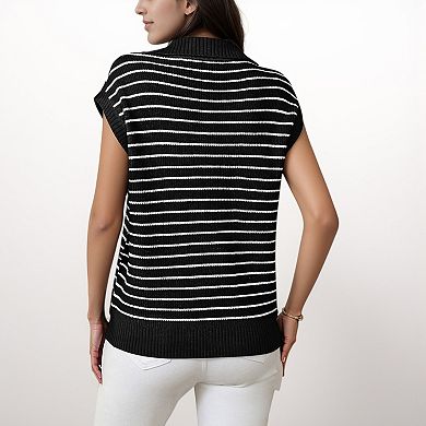 Women's Striped Collared Sleeveless Knit Top with Deep V-Neck and Ribbed Hem Detailing