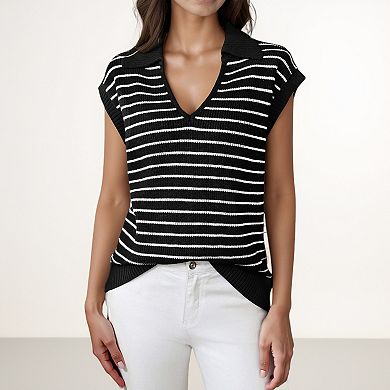 Women's Striped Collared Sleeveless Knit Top with Deep V-Neck and Ribbed Hem Detailing