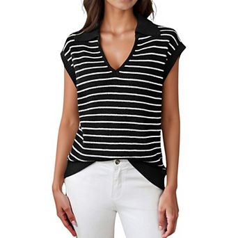 Women's Striped Collared Sleeveless Knit Top with Deep V-Neck and Ribbed Hem Detailing