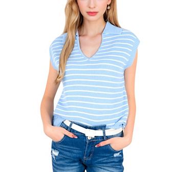 Women's Striped Collared Sleeveless Knit Top with Deep V-Neck and Ribbed Hem Detailing