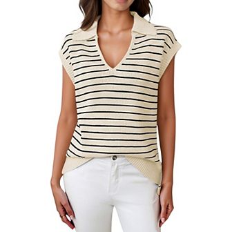 Women's Striped Collared Sleeveless Knit Top with Deep V-Neck and Ribbed Hem Detailing