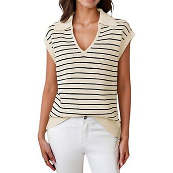 Women's Striped Collared Sleeveless Knit Top with Deep V-Neck and Ribbed Hem Detailing