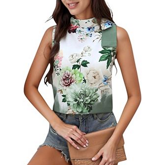 Women's Satin Floral Sleeveless Blouse with Mock Neck and Shoulder Bow Accent