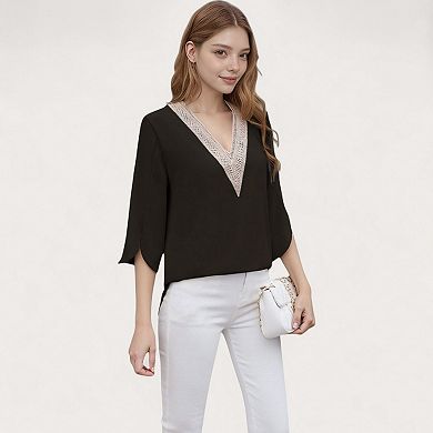 Women's V-Neck Blouse with Lace Trim Detail and 3/4 Split Sleeves Relaxed Fit