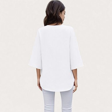 Women's V-Neck Blouse with Lace Trim Detail and 3/4 Split Sleeves Relaxed Fit