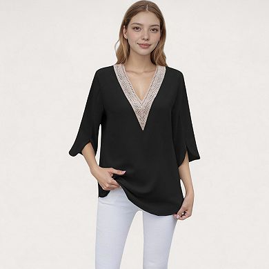 Women's V-Neck Blouse with Lace Trim Detail and 3/4 Split Sleeves Relaxed Fit