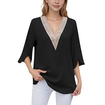 Women's V-Neck Blouse with Lace Trim Detail and 3/4 Split Sleeves Relaxed Fit