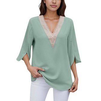 Women's V-Neck Blouse with Lace Trim Detail and 3/4 Split Sleeves Relaxed Fit