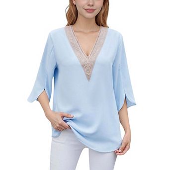 Women's V-Neck Blouse with Lace Trim Detail and 3/4 Split Sleeves Relaxed Fit