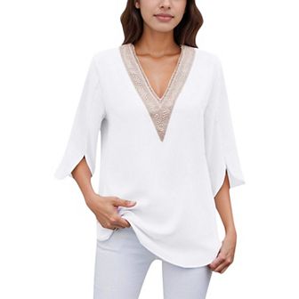 Women's V-Neck Blouse with Lace Trim Detail and 3/4 Split Sleeves Relaxed Fit