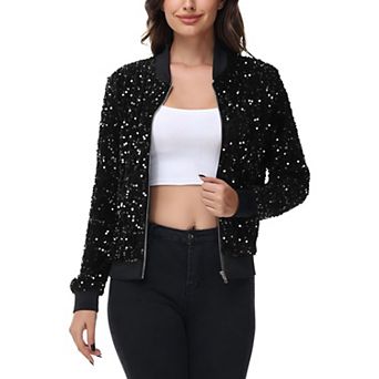Women's Sequin Bomber Jacket Zip Front Ribbed Cuffs and Hem Pockets