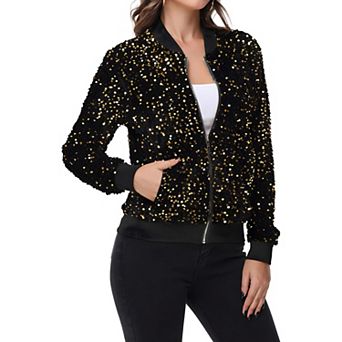 Women's Sequin Bomber Jacket Zip Front Ribbed Cuffs and Hem Pockets