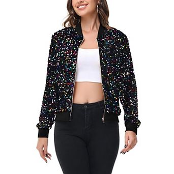 Women's Sequin Bomber Jacket Zip Front Ribbed Cuffs and Hem Pockets