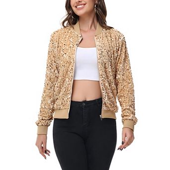 Women's Sequin Bomber Jacket Zip Front Ribbed Cuffs and Hem Pockets