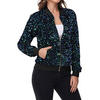 Women's Sequin Bomber Jacket Zip Front Ribbed Cuffs and Hem Pockets