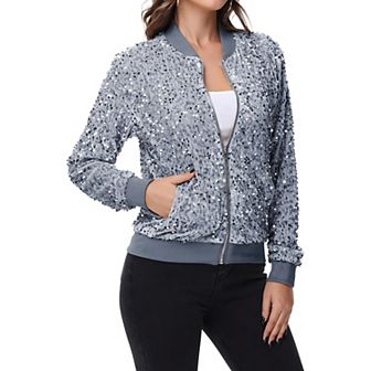 Women's Sequin Bomber Jacket Zip Front Ribbed Cuffs and Hem Pockets