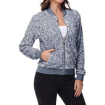 Women's Sequin Bomber Jacket Zip Front Ribbed Cuffs and Hem Pockets