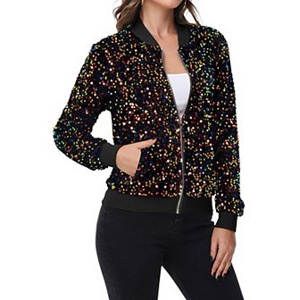 Women's Sequin Bomber Jacket Zip Front Ribbed Cuffs and Hem Pockets