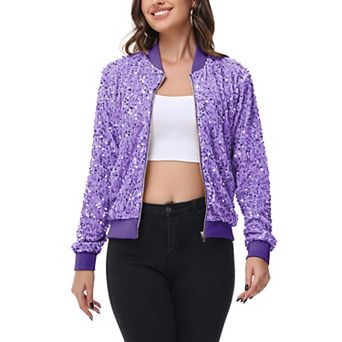 Women's Sequin Bomber Jacket Zip Front Ribbed Cuffs and Hem Pockets
